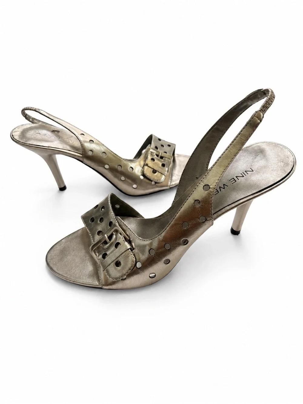 Vintage Y2K Nine West Silver Leather Perforated Buckle Slingback Heels 6.5M